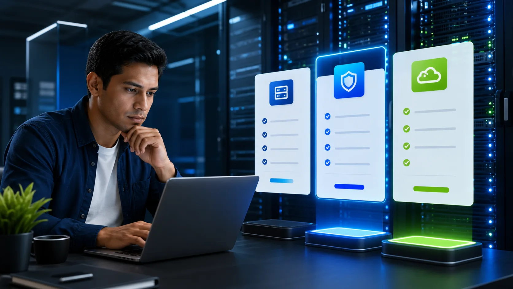 Emprendedor peruano comparando planes y características de hosting