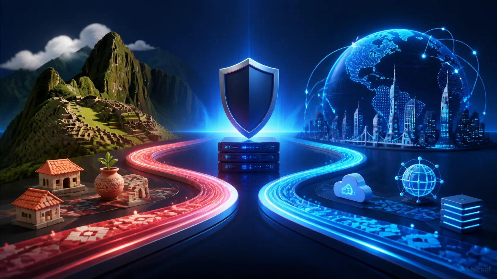 Dos caminos digitales que representan alcance peruano y alcance internacional