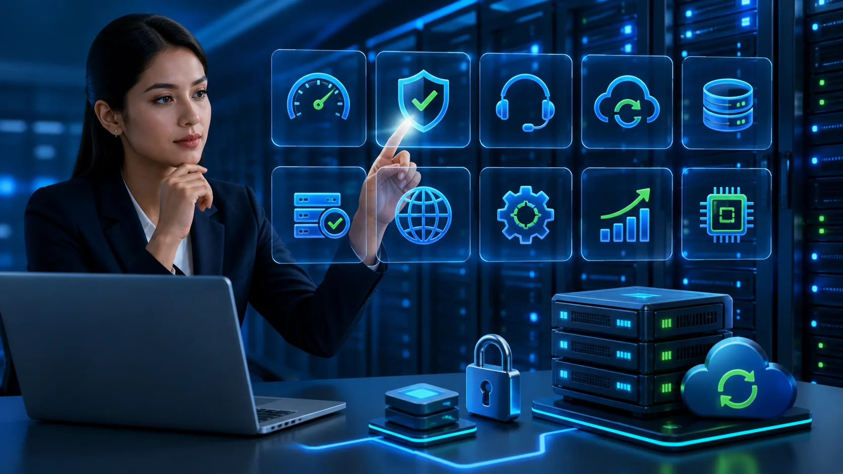 Empresaria comparando factores de seguridad, velocidad y soporte de un hosting