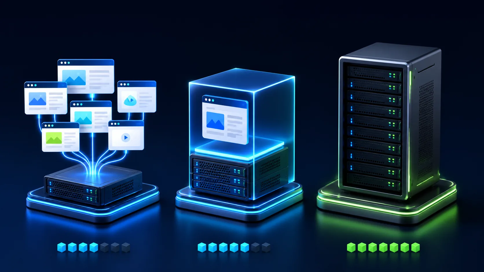 Comparación visual entre hosting compartido, VPS y servidor dedicado