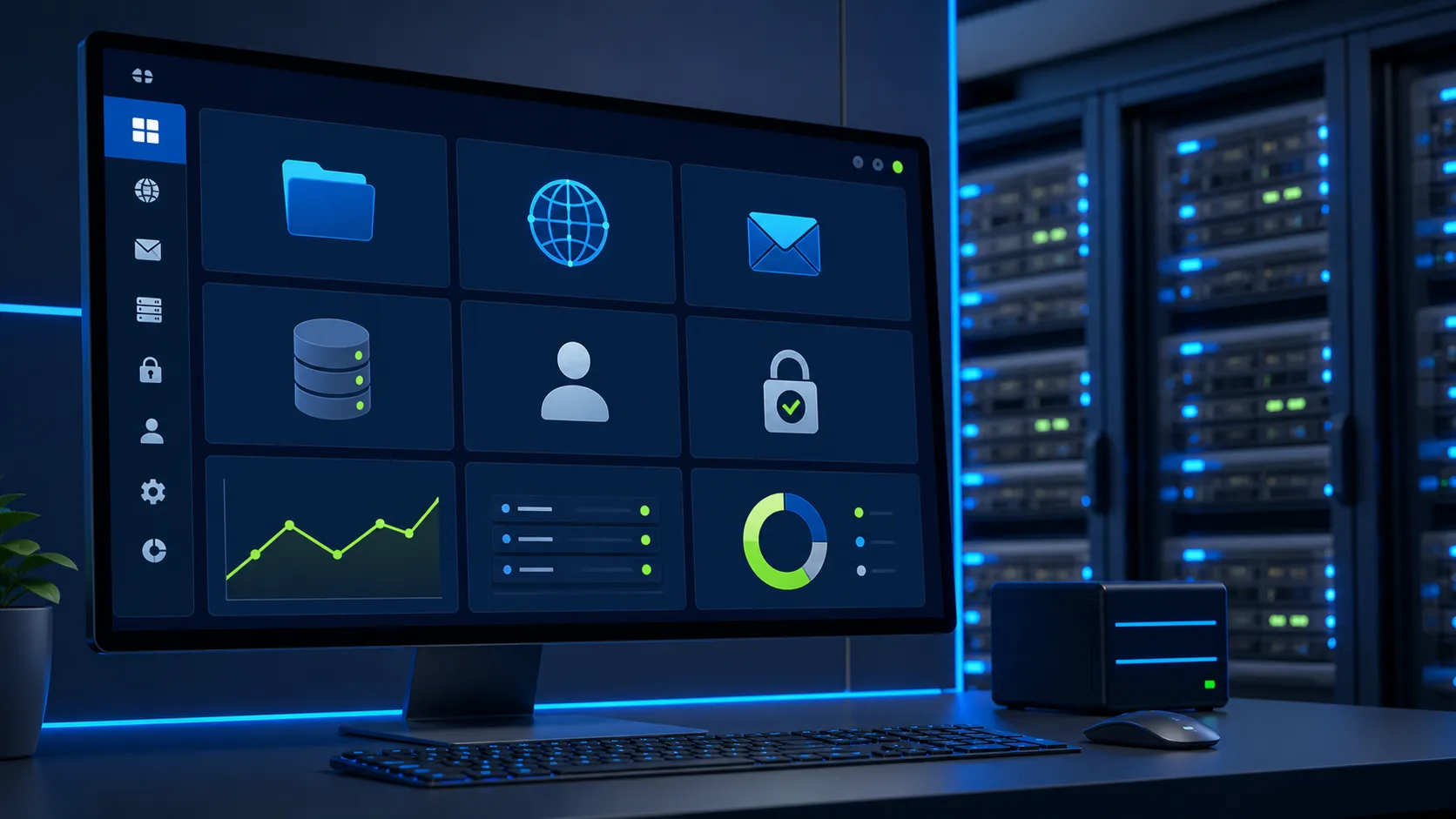 Panel visual para administrar dominios, archivos, correo y seguridad de un hosting