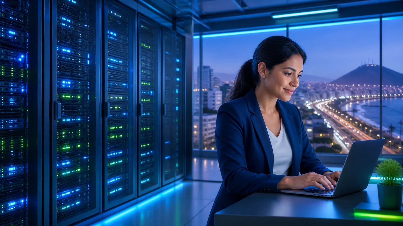 Emprendedora peruana administrando su web junto a infraestructura de hosting