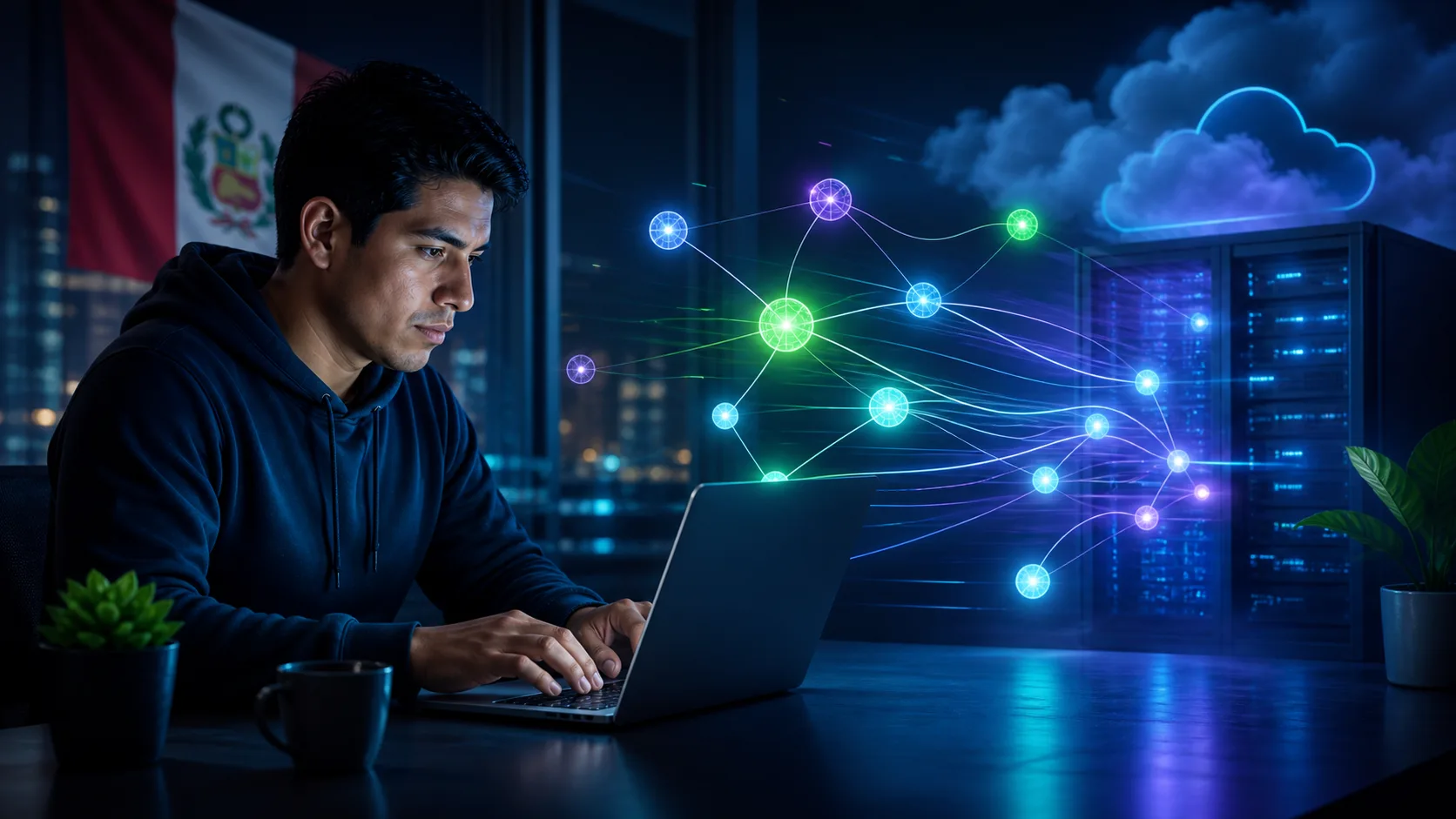 Desarrollador peruano conectando una aplicación de inteligencia artificial con servidores cloud