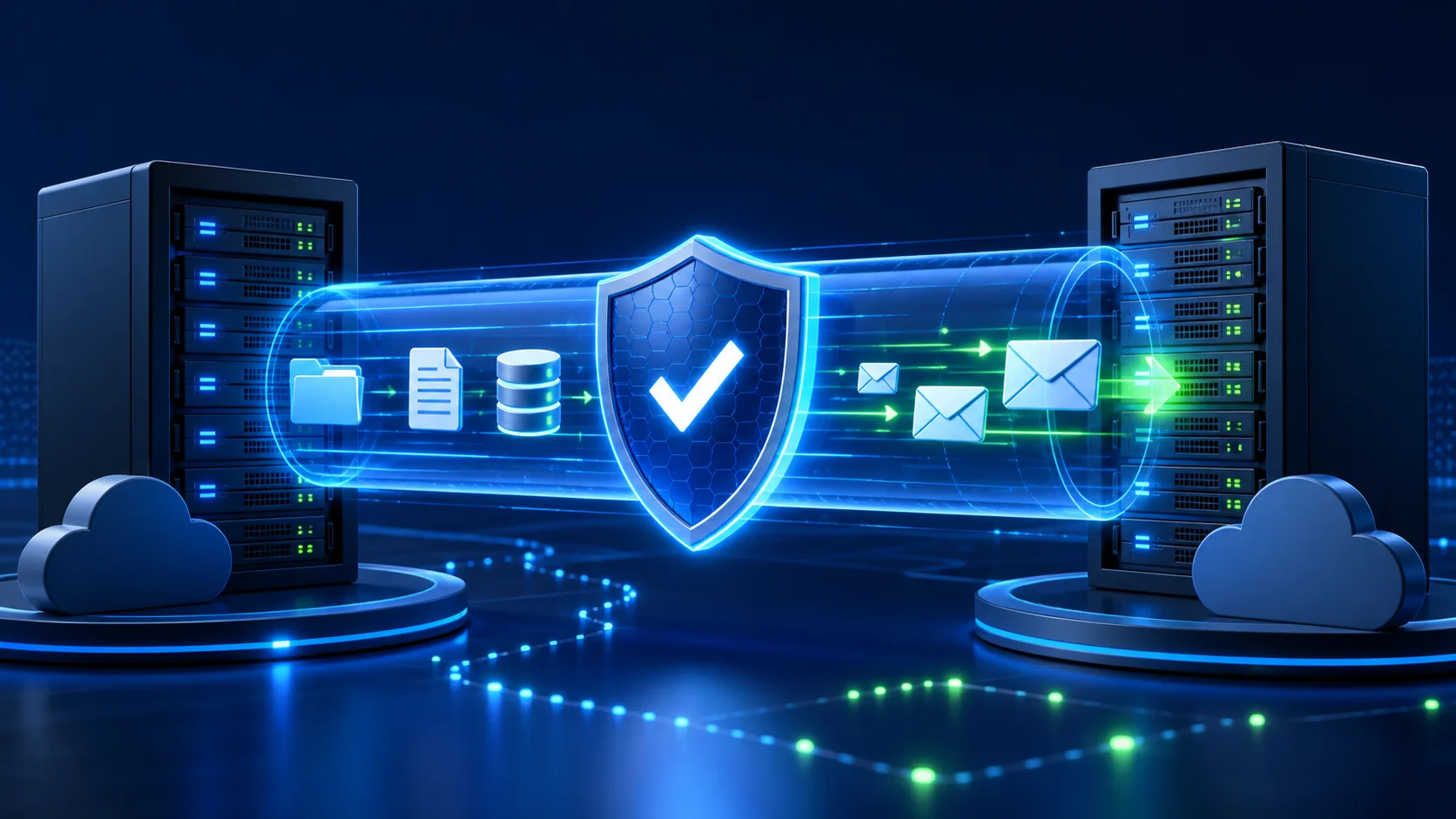 Archivos, base de datos y correos migrando entre servidores por un canal protegido