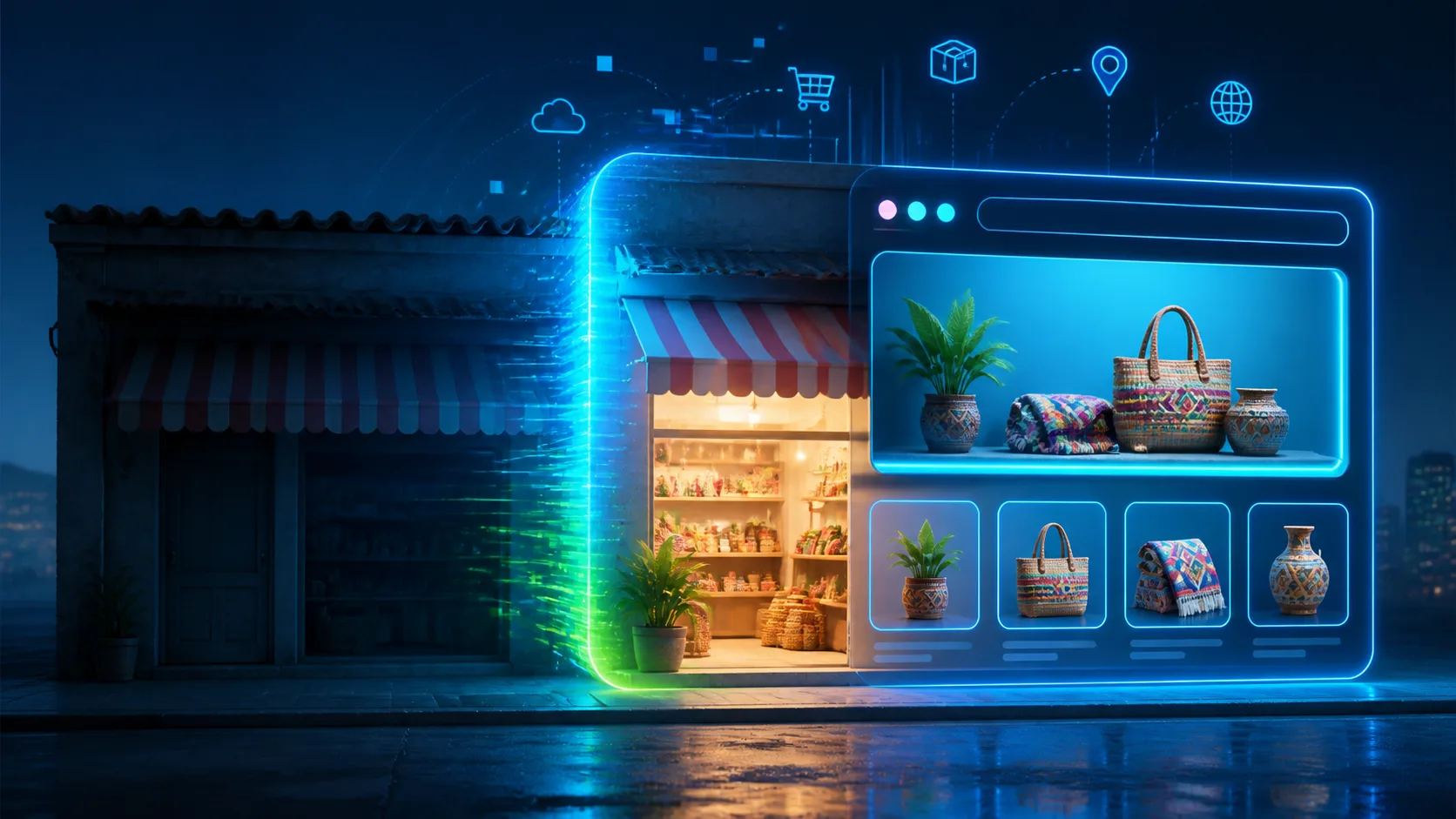 Negocio físico iluminado por una moderna presencia digital en 2026