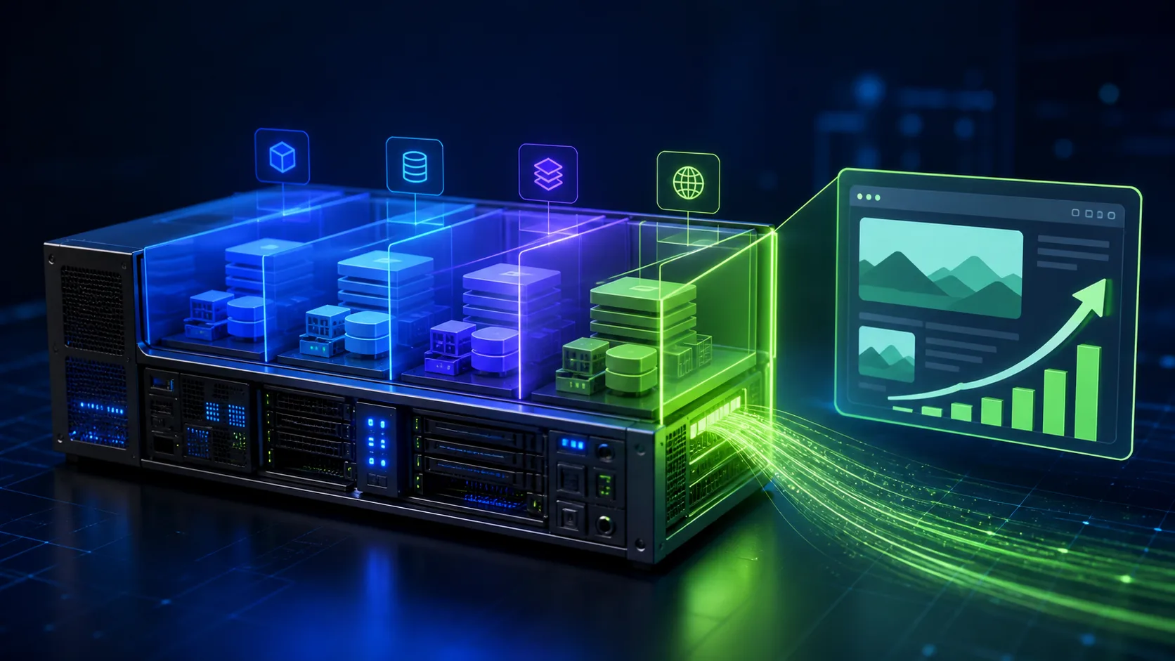 Servidor físico dividido en entornos virtuales aislados para alojar aplicaciones