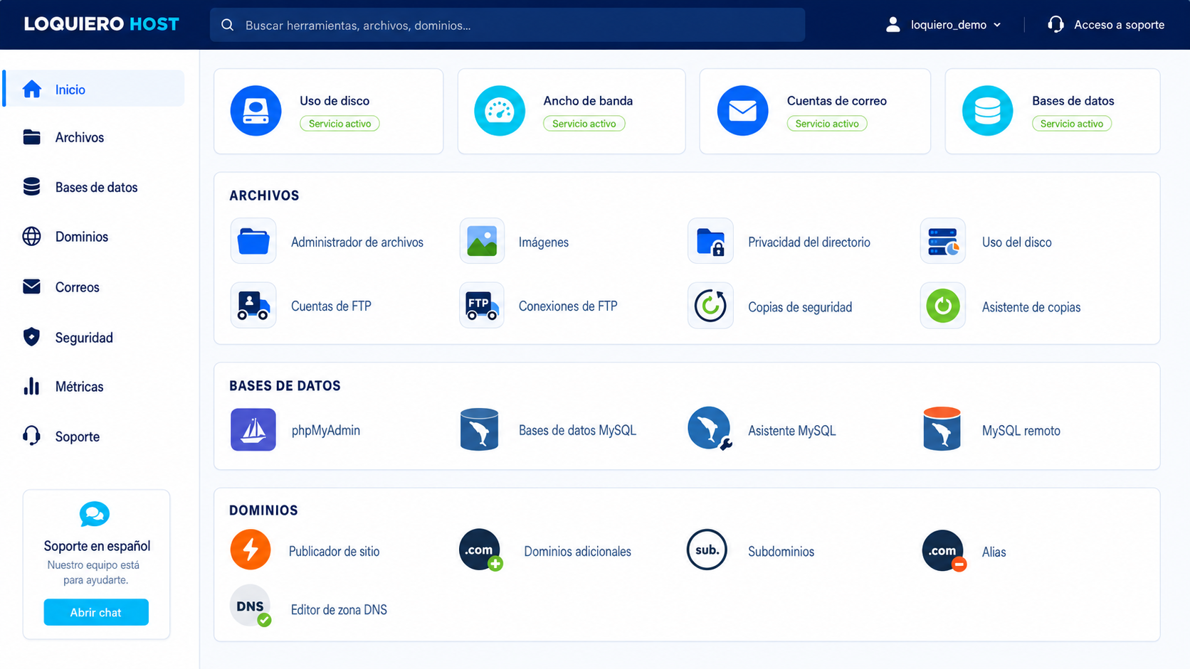 Vista del panel cPanel personalizado de LoquieroHost